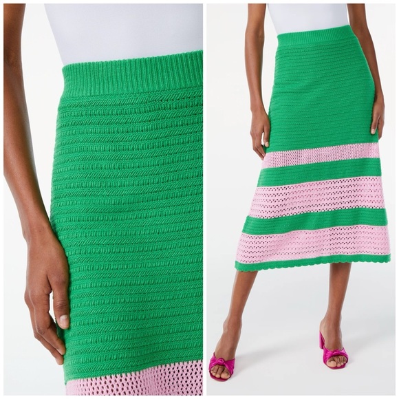 Scoop Green Pink Stripe Colorblock Crochet A-Line Midi Skirt Size Medium 8 10 - Picture 1 of 7
